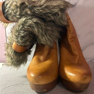 Tan Heeled Boots with Faux Fur